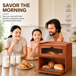 Boîte à pain en bambou, armoire de rangement de cuisine avec porte en verre pour le stockage du pain et des gâteaux, design en bois à 2 niveaux MBX-16 - Product Image 4