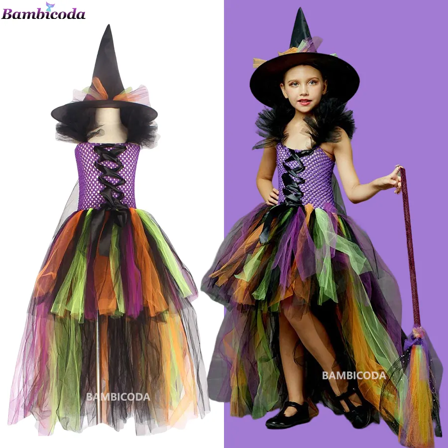 Disfraz de Halloween de bruja malvada para niñas, vestido de tutú con sombrero, Cosplay para niños, fiesta de carnaval, vestidos de lujo, vestido de Reina Malvada