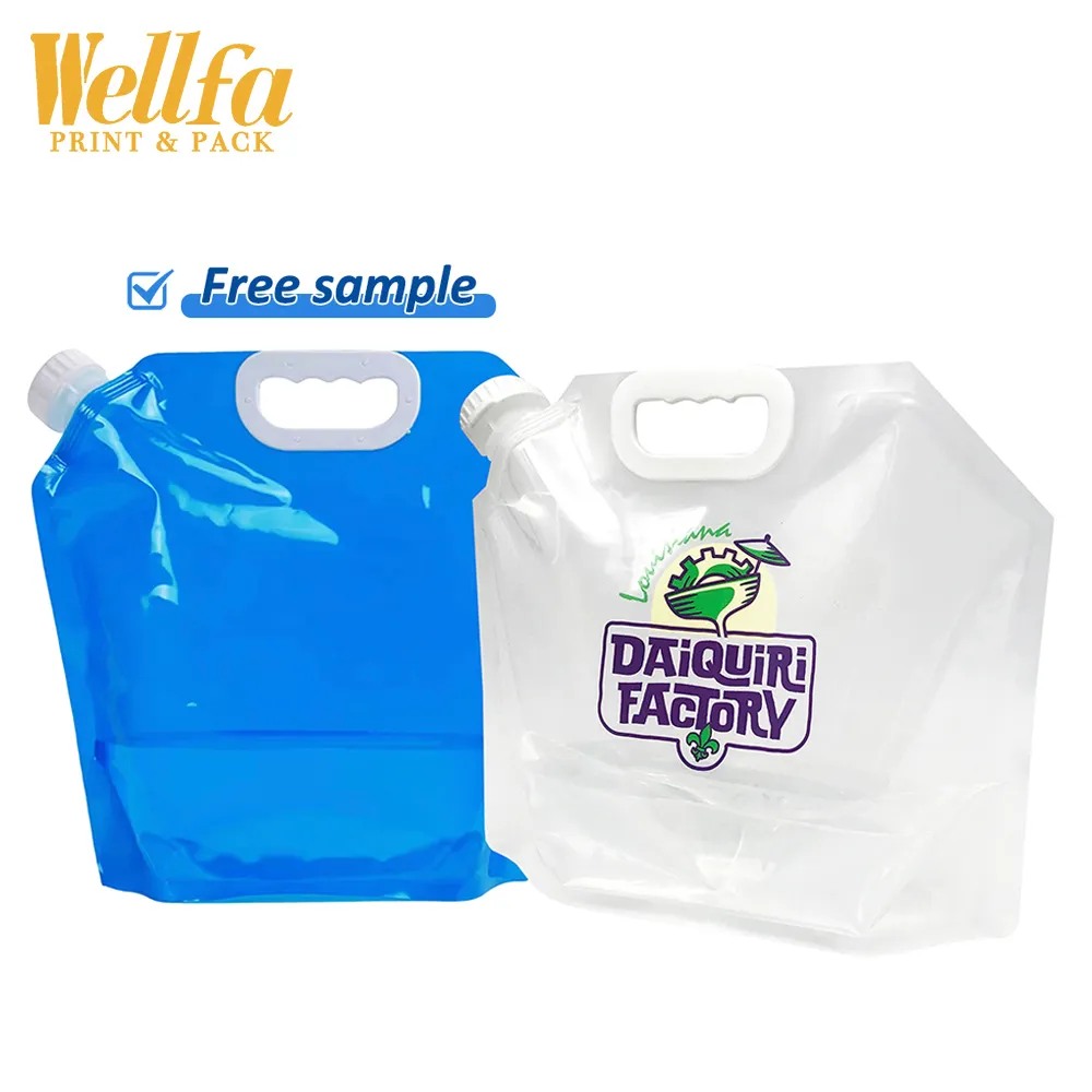 Logotipo personalizado de fábrica al aire libre transparente 1 galón jugo cerveza bebida líquido boquilla bolsa portátil plegable mango de plástico bolsa de agua