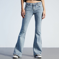 Celana Jeans Wanita Model Bell Bottom Desain Khusus dengan Hiasan Rhinestone Bergaris, Pinggang Rendah, Longgar, Warna Terang & Gelap, Gaya Manis