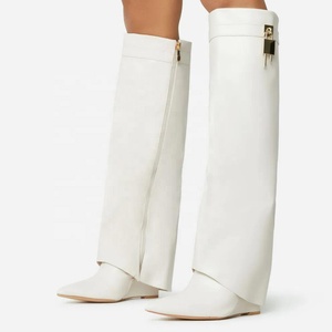 Botas Largas de Invierno para Mujer Shark Lock con Punta Puntiaguda, Tacón Alto de Cuña, Diseño Superpuesto, Estilo Pantalón, Botines Personalizados hasta la Rodilla, Antideslizantes - Product Image 4