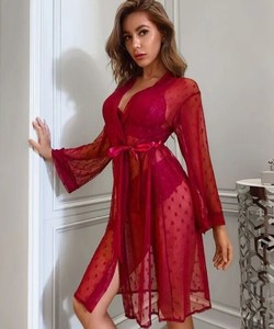 Manches longues transparent Sexy Lingerie femmes dentelle maille nuit jarretelle jupe chemise de nuit trois pièces ensemble - Product Image 6