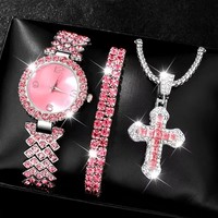 Ensemble 3 Pièces 2025 : Montre Rose, Collier Croix, Montre-Bracelet Strass, Montres Décontractées pour Femmes, Ensemble Bracelet