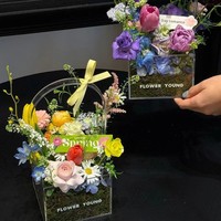 Kotak Bunga Akrilik Transparan Penuh Bentuk Persegi/Bulat dengan Pegangan Elegan Minimalis untuk Rangkaian Bunga Kosong Hadiah Kerajinan