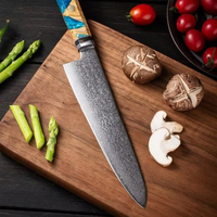 Ensemble de 9 couteaux de cuisine japonais en acier Damas VG10 avec manche en résine bleue octogonale, livré en coffret cadeau