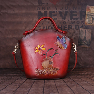 Ando Bag Genuine Cowhide Leather Bucket Bag for Women Vintage Floral <b>Butterfly</b> <b>Top</b> Handle Purse - Product Image 3