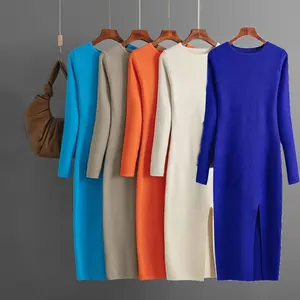 Y308020 가을과 겨울 새로운 슬림 핏 니트 이너웨어 및 아우터 미디엄 롱 슬리브 타이트 바닥 여성 드레스
