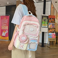 Sac à dos d'étudiant mignon en patchwork pastel avec poche transparente en PVC, décor en dentelle, sac d'école avec porte-monnaie détachable