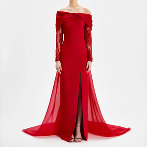 ZYHT 73467 <span class=keywords><strong>Robe</strong></span> maxi <span class=keywords><strong>rouge</strong></span> personnalisée pour femmes, épaules dénudées, dentelle, manches longues, fente, <span class=keywords><strong>robe</strong></span> <span class=keywords><strong>de</strong></span> soirée sirène formelle pour femmes - Product Image 1