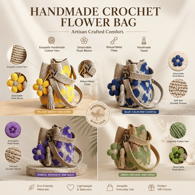 Custom Handmade Boho Beach Women's Crochet Tote Bag Solid Color Polyester Knit Floral Purse Open Closure Crossbody Shoulder Bag