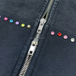 Vintage <b>Y2k</b> Drop Shoulder Double Zip Hoodie Boxy Acid Wash Hoodie Men Custom Oversized <b>Streetwear</b> Zip up Rhinestone Hoodies - Product Image 4