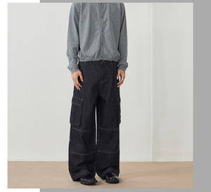 Vaqueros Cargo Unisex de Invierno Estampados Lavados de Pierna Ancha y Ajuste Holgado con Estampado Metálico para Hombre - Product Image 3