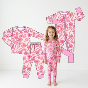 Ensemble de vêtements pour enfants en gros, pyjama rose à imprimé cœur et nœud pour bébés filles, tenues de la Saint-Valentin - Product Image 1