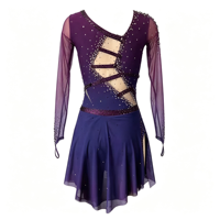 Robe de patinage artistique asymétrique à découpes, manches longues, dos en maille, ornée de strass, pour filles et femmes, couleur violet foncé