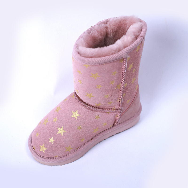 Розовые с золотой звездой детские меховые сапоги из овчины тапочки обувь для детей