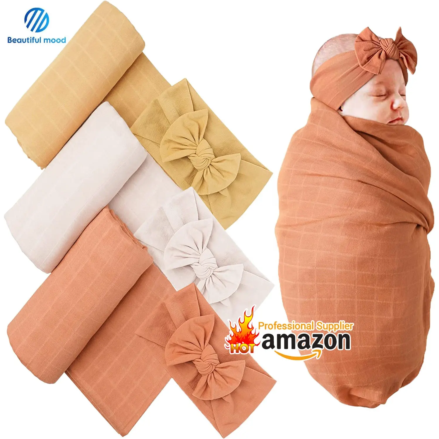 ชุดผ้าห่อตัวเด็กผ้าฝ้าย100%,ผ้าคาดผมผ้าห่มสำหรับเด็กทารกเนื้อผ้านุ่มมากระบายอากาศได้ดีจำนวน2ชิ้น