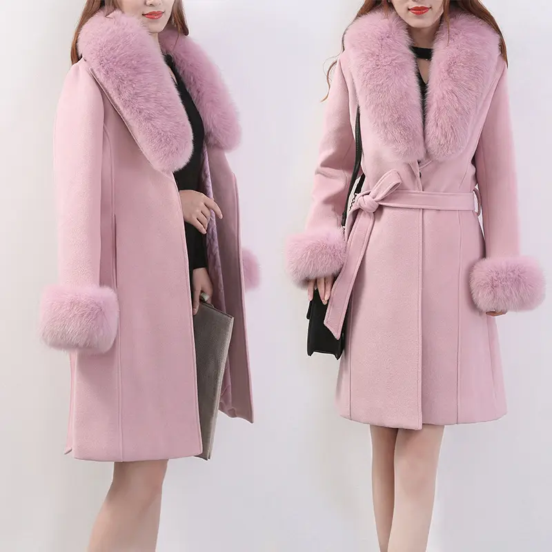 Jtfur Women Mid-Length Korean Style Woolen Coat Fashion Soft Fur Collar Woolen Coat
