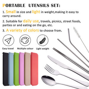 Ensemble <span class=keywords><strong>de</strong></span> couverts portables en acier inoxydable avec étui : cuillère, fourchette, couteau, baguettes, paille – Idéal pour pique-nique, camping, extérieur et voyage - Product Image 6