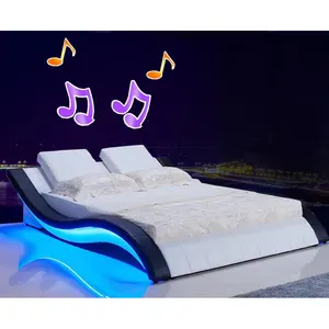 Cama LED de diseño moderno, camas de piel sintética de tamaño doble/King con camas tapizadas en forma de S, juego de muebles de dormitorio de tamaño Queen