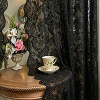 Rideau en polyester écologique à œillets, style pastoral vintage français, en dentelle florale noire, pour l'été, idéal pour les balcons et les chambres