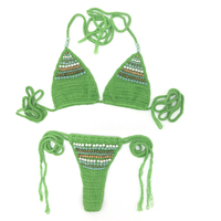 Femmes Vert Micro Bikini De Bain Femme Mini Maillots De Bain Crochet Maillot De Bain Pierre Naturelle Perles Jade Tankinis Imitation Tricot