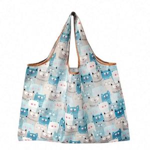 Custom Rpet Cartoon Foldable Superet Grocery Large Reusable Plaid Folding Tote Polyester Shopping Bag With <b>Pouch</b> - Product Image 1