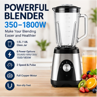 Nouveau Mixeur de Table Électrique Automatique 350-1800W à 5 Vitesses, Bol en Verre 1,5L, Boîtier en Acier Inoxydable, pour Smoothies et Préparations Légères