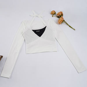 Top de punto informal para mujer con estampado digital, estilo cruzado, cuello halter, sin tirantes, cuello en V, ajuste ceñido, elástico, manga larga, prenda exterior - Product Image 6