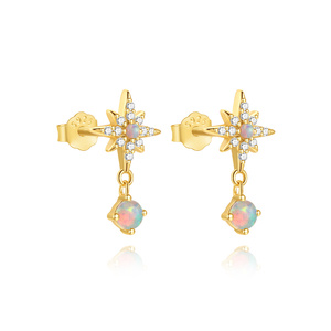 925 Sterling Silver 18K Gold Plated Four Leaf Clover <b>Opal</b> <b>Stud</b> <b>Earrings</b> with Dangling Tassel for Women - Product Image 1