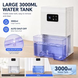 เครื่องลดความชื้นในอากาศแบบพกพา ถังเก็บน้ำ 3000 มล. ดูดซับความชื้นได้ 800 มล./วัน เงียบ พร้อมหน้าจอแสดงความชื้น ควบคุมด้วยระบบสัมผัส 100-240V - Product Image 4