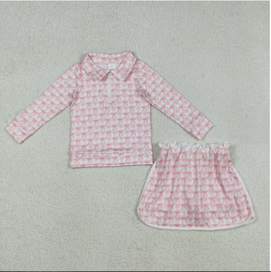 Kids GLD1014 <b>Pink</b> <b>Bows</b> Plaid Long Sleeve Zipper Top Skirts Shorts Girls Clothes Set - Product Image 1