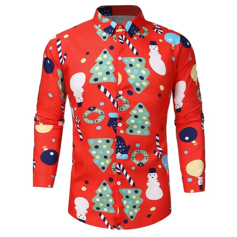 Men Long Sleeve Shirt Christmas Shirt Banquet Holiday Printed Tops Fashion Cartoon plus size men's shirts red white black green