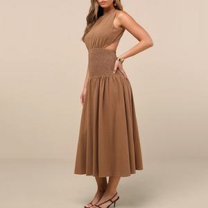 Robe maxi plissée sans manches élégante et ajourée pour l'été 2025, en lin et coton mélangé, personnalisable, style décontracté - Product Image 2