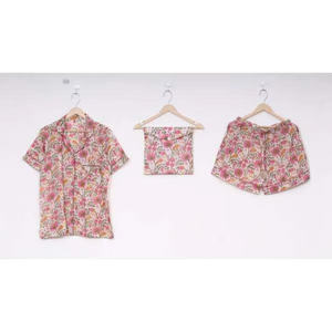Conjunto de Pijama Corto Informal de Algodón Puro Satinado con Estampado Floral Hecho a Mano, Ropa de Dormir para Mujer, Cintura Elástica, Cuello Camisero, para Otoño - Product Image 1