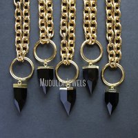 Kalung Batu Obsidian Berlapis Emas Chunky NM43752, Kalung Kristal Besar dengan Rantai Baja Anti Karat, Perhiasan Batu Permata Hitam Mentah