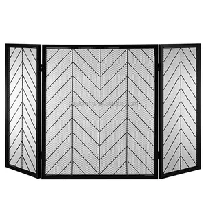 3-Panel Vintage Chevron Design Black Steel Folding Fireplace Screen