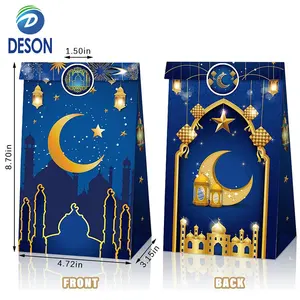Deson Muslim Eid Mubarak Sturdy Bottom Shinny Mosque Star Lantern Lightweight Eid Al-Fitr Favor Printed Kraft Paper Bag