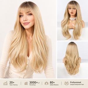 Peluca Larga Ondulada Rubio Miel con Flequillo y Raíz Oscura, Resistente al Calor, <span class=keywords><strong>de</strong></span> <span class=keywords><strong>Cabello</strong></span> Sintético en Capas, Directo <span class=keywords><strong>de</strong></span> Fábrica, <span class=keywords><strong>para</strong></span> Uso Diario y <span class=keywords><strong>de</strong></span> Moda <span class=keywords><strong>para</strong></span> Mujeres - Product Image 1