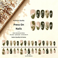 Lot de 30 faux ongles à presser en ABS, forme amande, vert foncé, effet œil de chat, motifs flocon de neige et nœud, amovibles, pour Noël