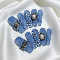 Faux Ongles Artificiels Cercueil Extra Longs Bleus Faits Main à Coller ABS 10 Pièces – Kit de Faux Ongles 3D Bleus avec Motifs