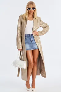 Manteau long <span class=keywords><strong>trench</strong></span> personnalisé pour femme <span class=keywords><strong>en</strong></span> similicuir verni, col <span class=keywords><strong>à</strong></span> revers, <span class=keywords><strong>ceinture</strong></span> intégrée, pour le quotidien, la rue et les soirées - Product Image 4