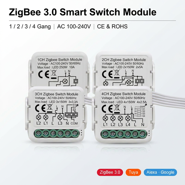 Mvava Tuya ZigBee Smart Relay Module 1 2 3 4 Gang 10A AC100-240V Home Automation DIY Light Switch Breaker Alexa Google ROHS OEM
