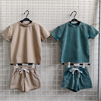 Conjunto de Verano Unisex Vintage para Niños, Camiseta de Manga Corta y Pantalones Cortos con Lavado Ácido