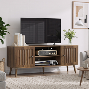 Wooden TV Cabinet 55 Inch With 2 Vertical Groove Doors Adjustable <b>Shelves</b> Living Room Storage Entertainment Unit - Product Image 2