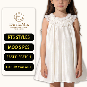 Robe en satin froissé métallisé ivoire pour filles, col rond à volants, ornements de perles, sans manches, motif floral, couleur unie, pour l'été - Product Image 1