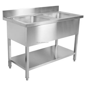 Table de préparation de cuisine commerciale en acier inoxydable NSF 201/304, tube carré argenté de 0,7 mm d'épaisseur, double évier, dosseret, armoire - Product Image 1