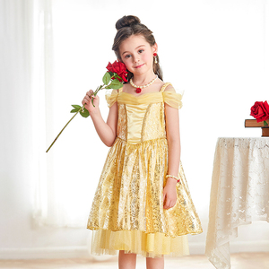 Disfraz de Princesa Bella para Niñas, Vestido de Encaje Dorado con Adorno de Rosas, Color Personalizado para Fiestas de La Bella y la <span class=keywords><strong>Bestia</strong></span> - Product Image 3