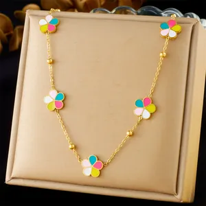 สร้อยคอสแตนเลสสำหรับผู้หญิงแฟชั่นฤดูร้อนดอกไม้ห้ากลีบพร้อมน้ำมันหยดสีสันสดใสอุปกรณ์เสริมห่วงโซ่ - Product Image 2