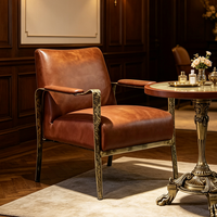Fauteuil d'appoint en fer forgé martelé à la main, cuir pleine fleur marron vintage, fauteuil de loisirs de luxe pour salon et salle à manger