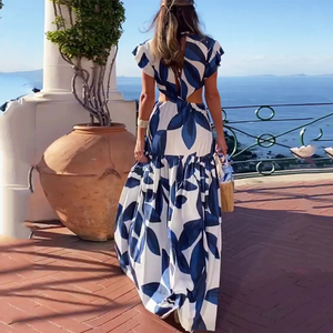 Vestido con Estampado de Hojas para Mujer - Escote en V Profundo, Mangas Cortas con Volantes, Cintura Recortada, Falda Maxi Escalonada, Elegante Atuendo para Vacaciones y Fiestas - Product Image 5
